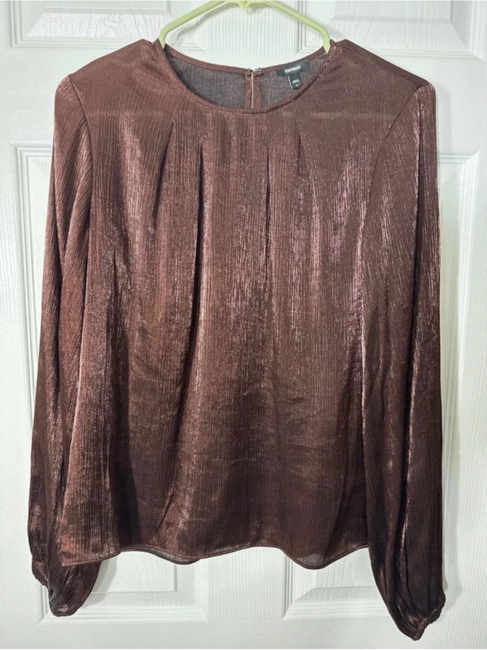 Express Metallic Copper Long Sleeve Pleated Top